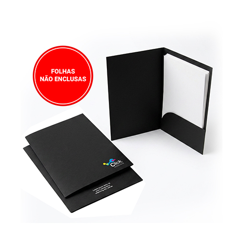 31x46 Aberta, Cartão Preto 300g, Bolso com 10.5x23cm, personalização UV. Personalização da capa formato 6x6cm, verso parte inferior 4x2cm.
